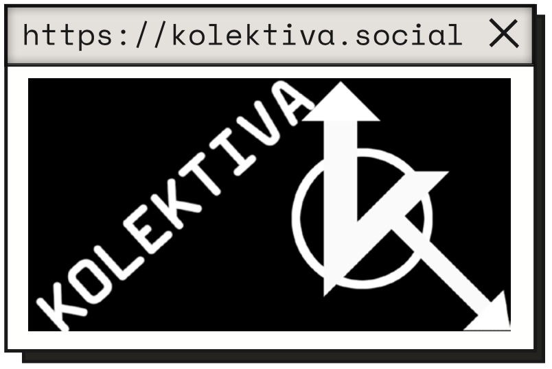 Логотип kolektiva. Стріли постають із кола в формі літери K, б'ючи по авторитаріях і капіталістах. Слово «kolektiva» спирається на це анархістське коло.